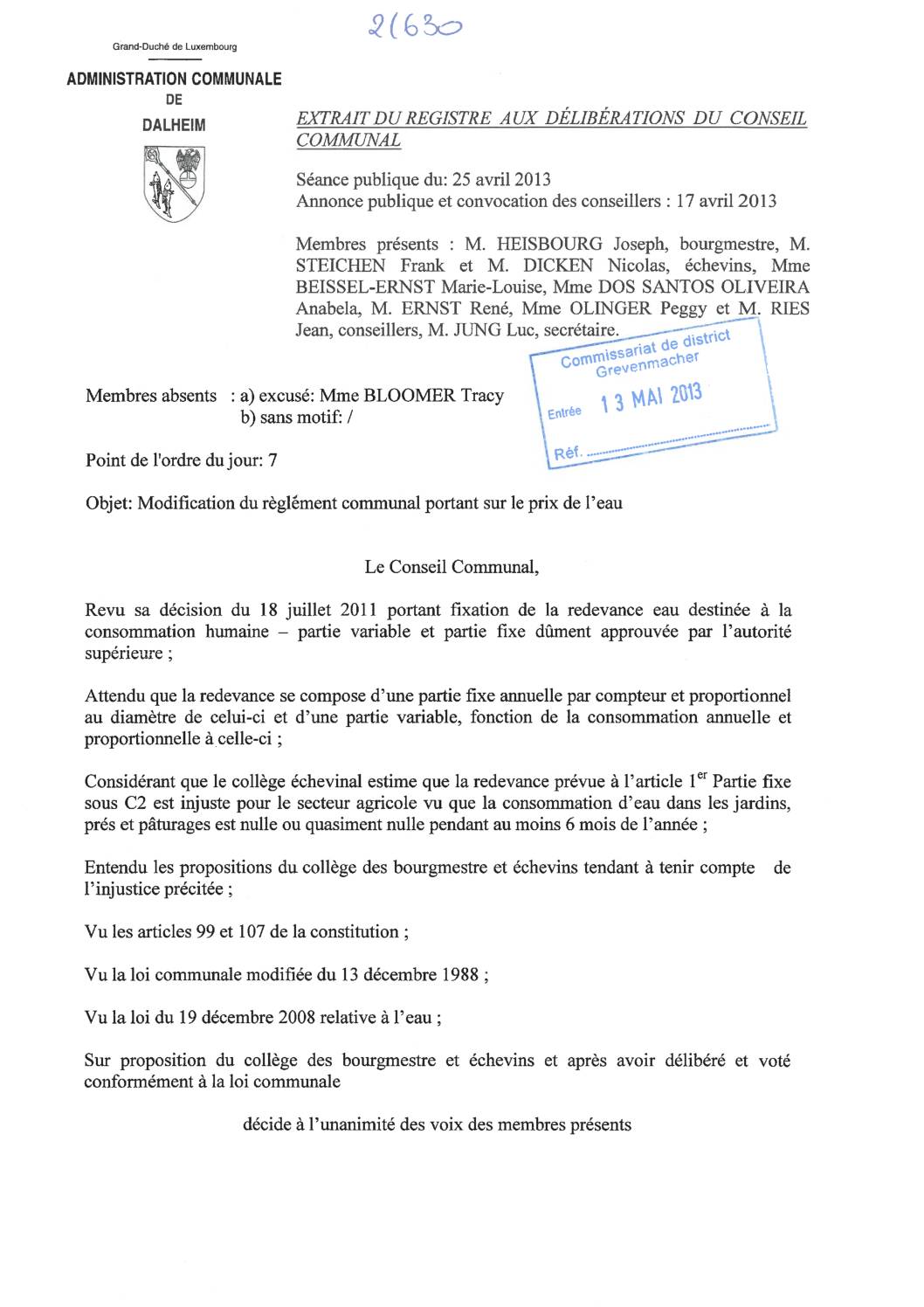 Eau modification du règlement communal portant sur le prix de l'eau