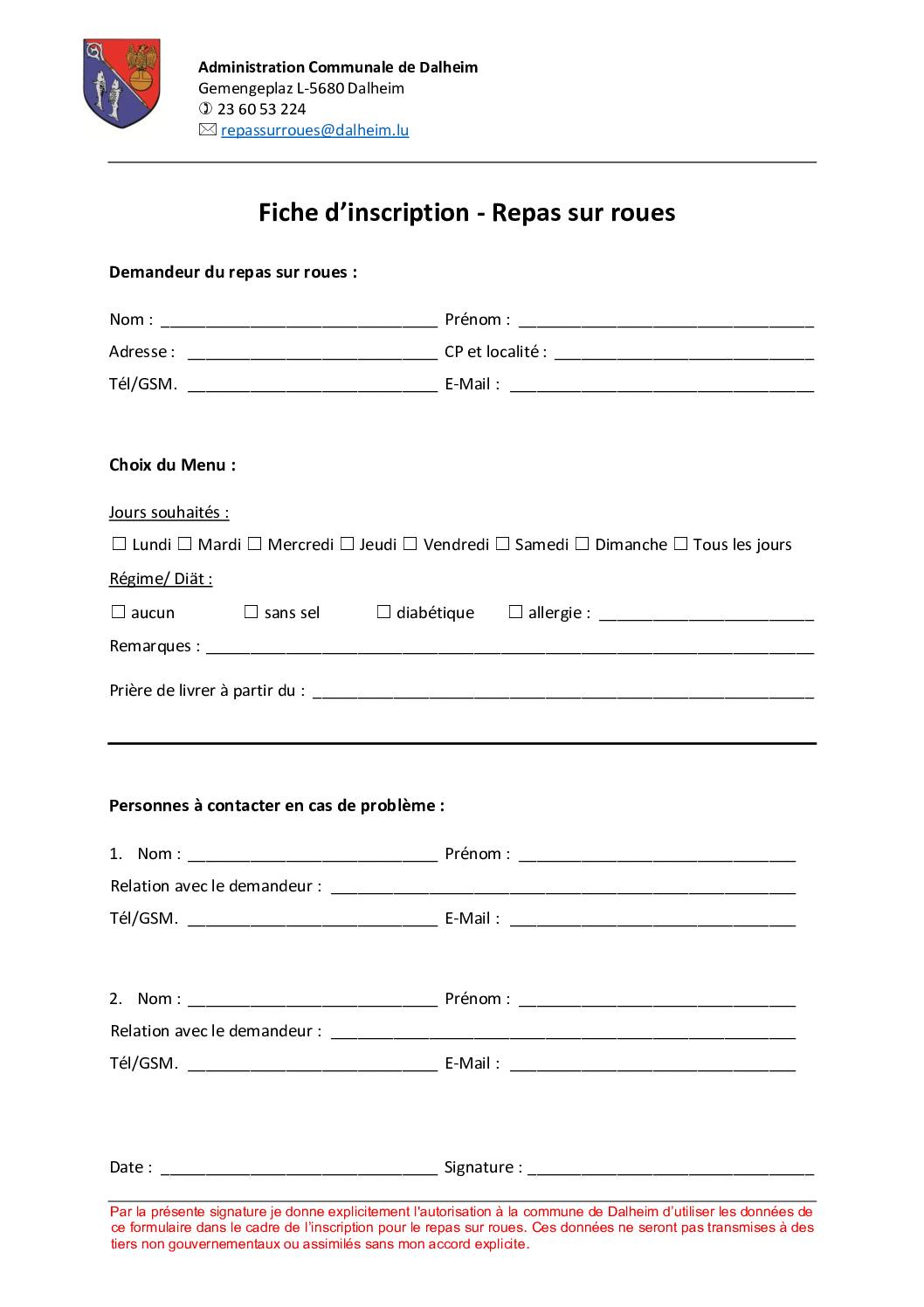 Formulaire fiche d'inscription – Repas sur roues