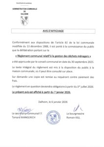 Avis d'affichage Règlement communal relatif à la gestion des déchets ménagers