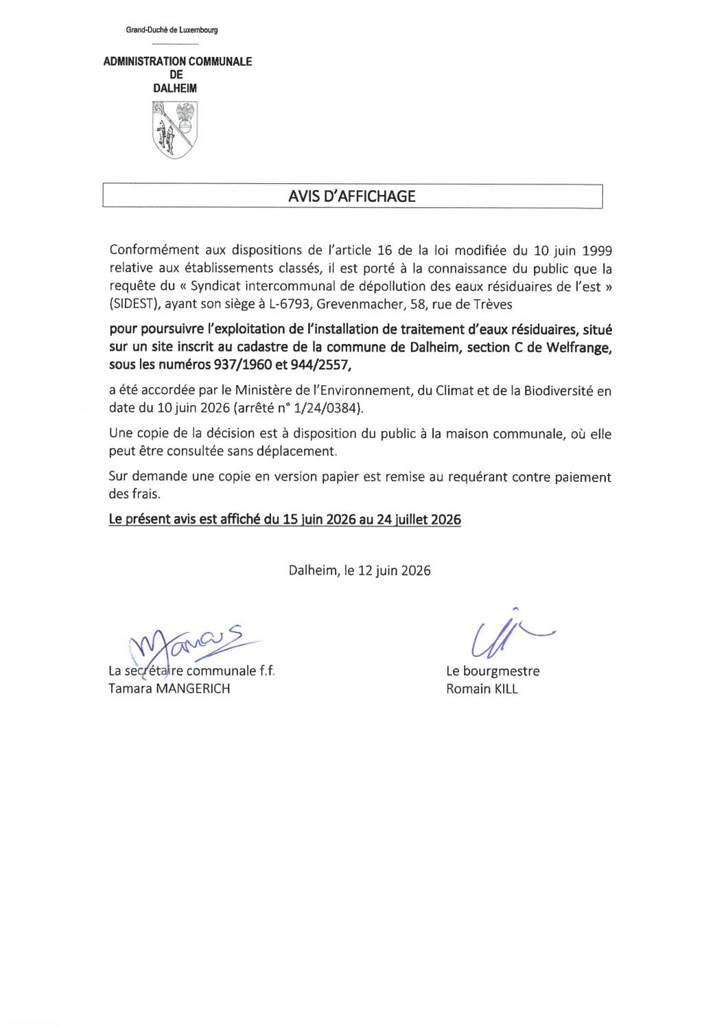 Avis au public SIDEST pour poursuivre l&rsquo;exploitation de l&rsquo;installation de traitement d&rsquo;eaux résiduaires