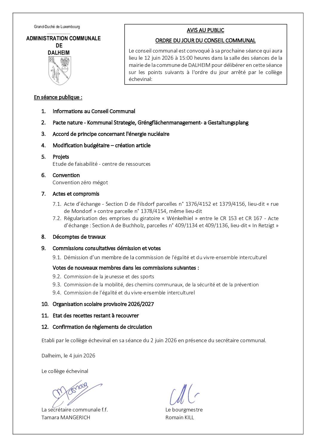 Ordre du jour séance du conseil communal du 12.06.2026