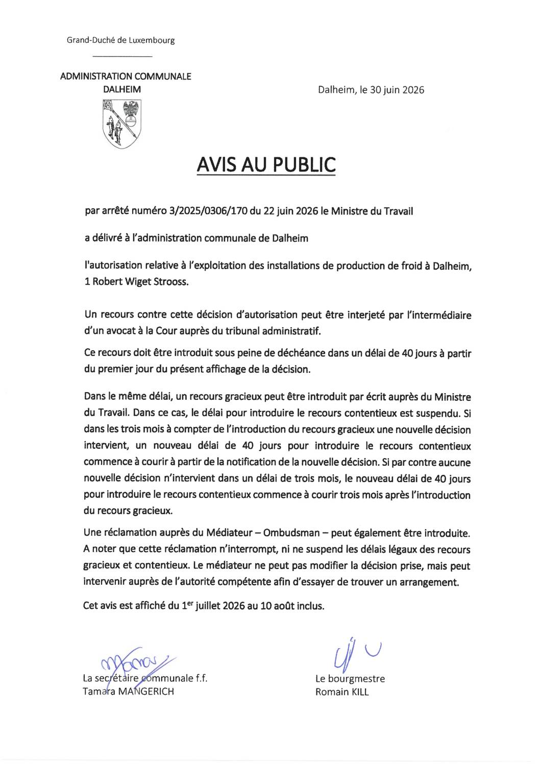 20260630 Affichage ITM arrêté 3-2025-0306-170 exploitation des installations de production de froid nouvelle école