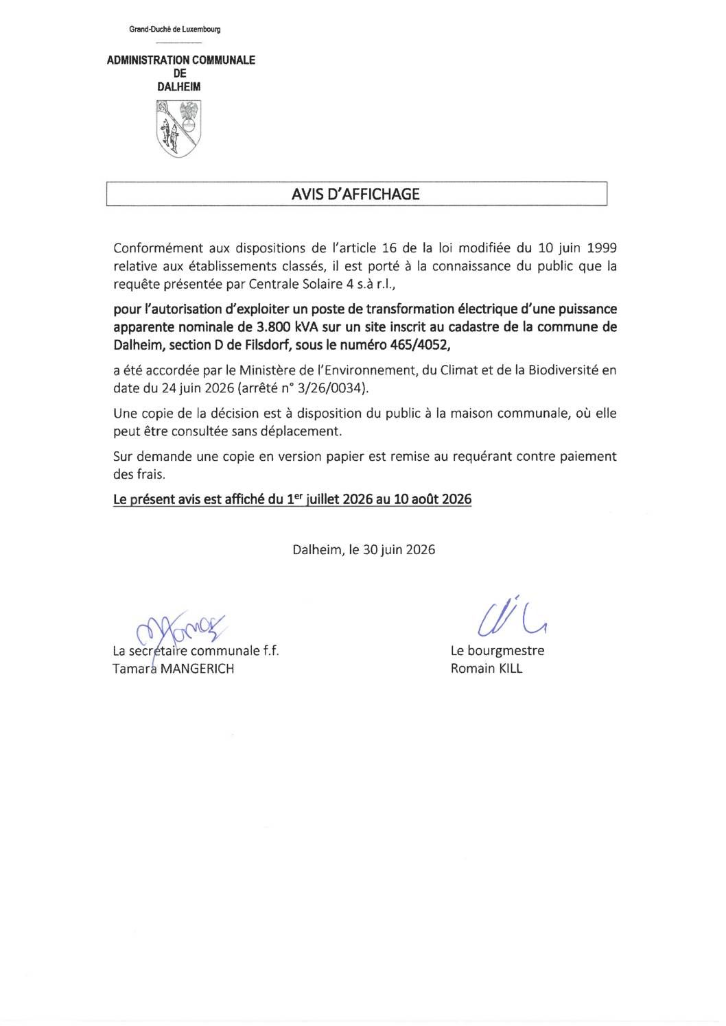 Avis REIDER avis au public Centrale solaire 4 exploitation poste de transformation électrique