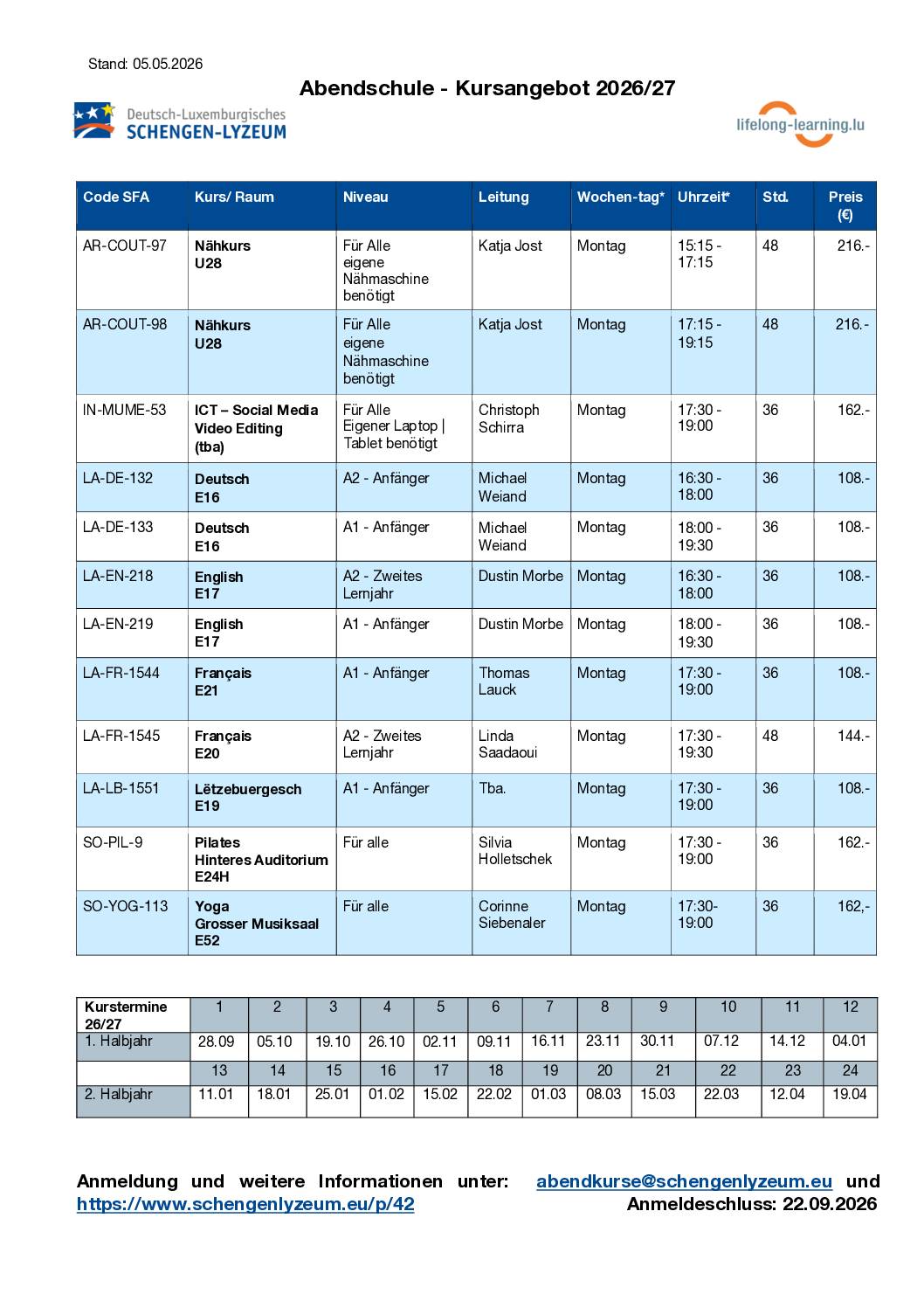 Schengen-Lyzeum | Abendschule – Kursprogramm 2026/2027