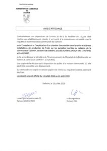 Avis REIDER avis au public Art 16 Adm. communale de Dalheim chantier d'excavation dans la roche et autre et installations froid