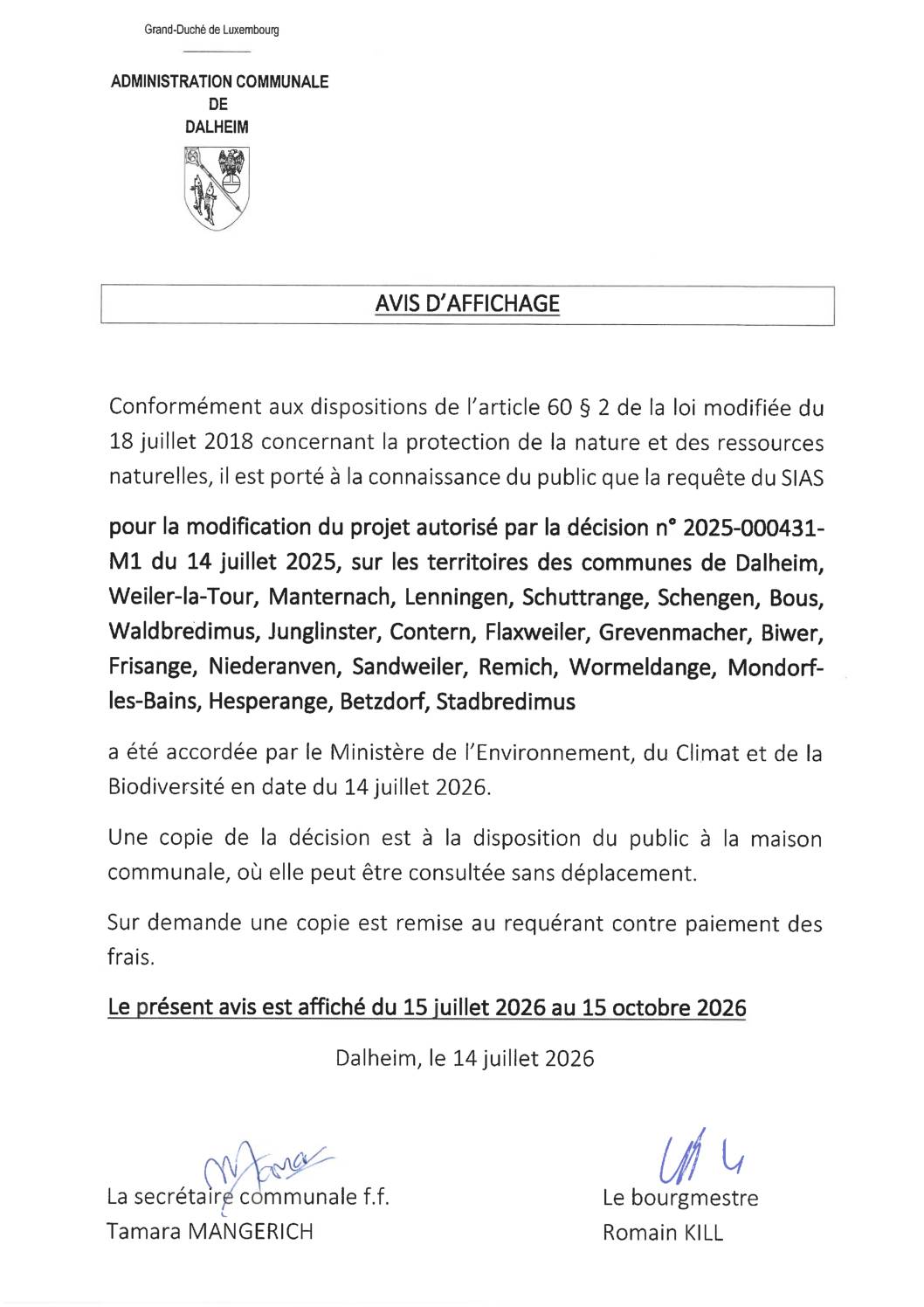 Avis d&rsquo;affichage modification projet 2025-000431-M1 SIAS 20260714
