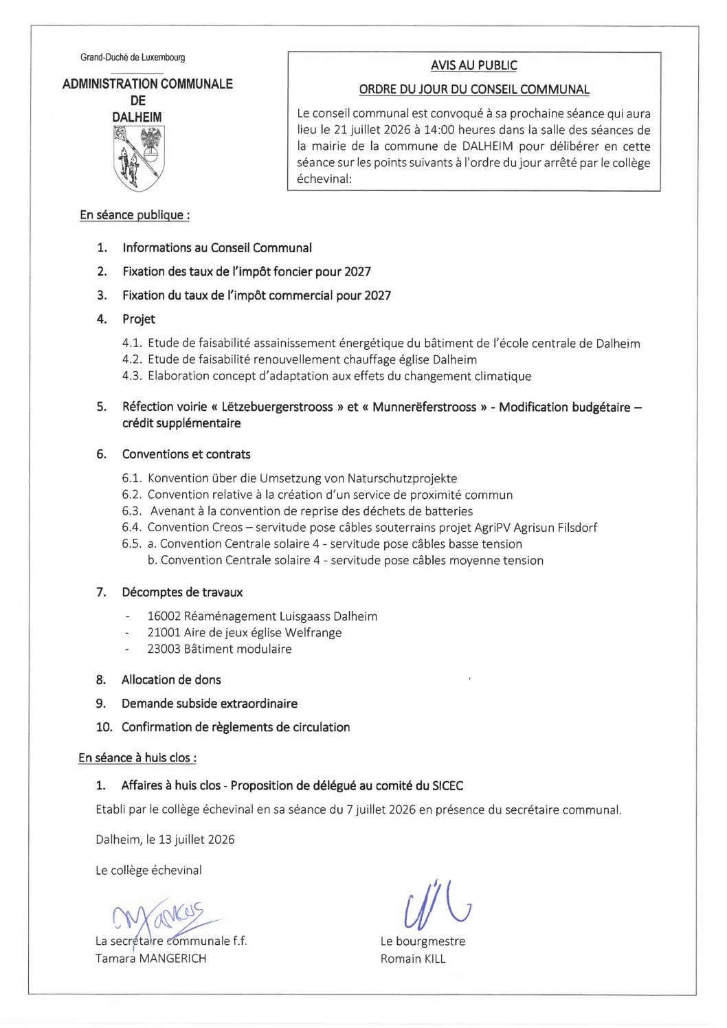 Ordre du jour séance du conseil communal du 21.07.2026
