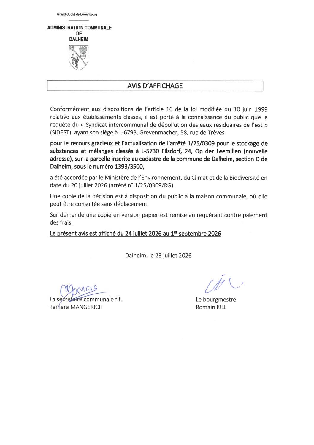 Avis REIDER avis au public art. 16 SIDEST pour le Stockage de substances et mélanges classés (actualisation arrêté 1-25-0309) 20260723
