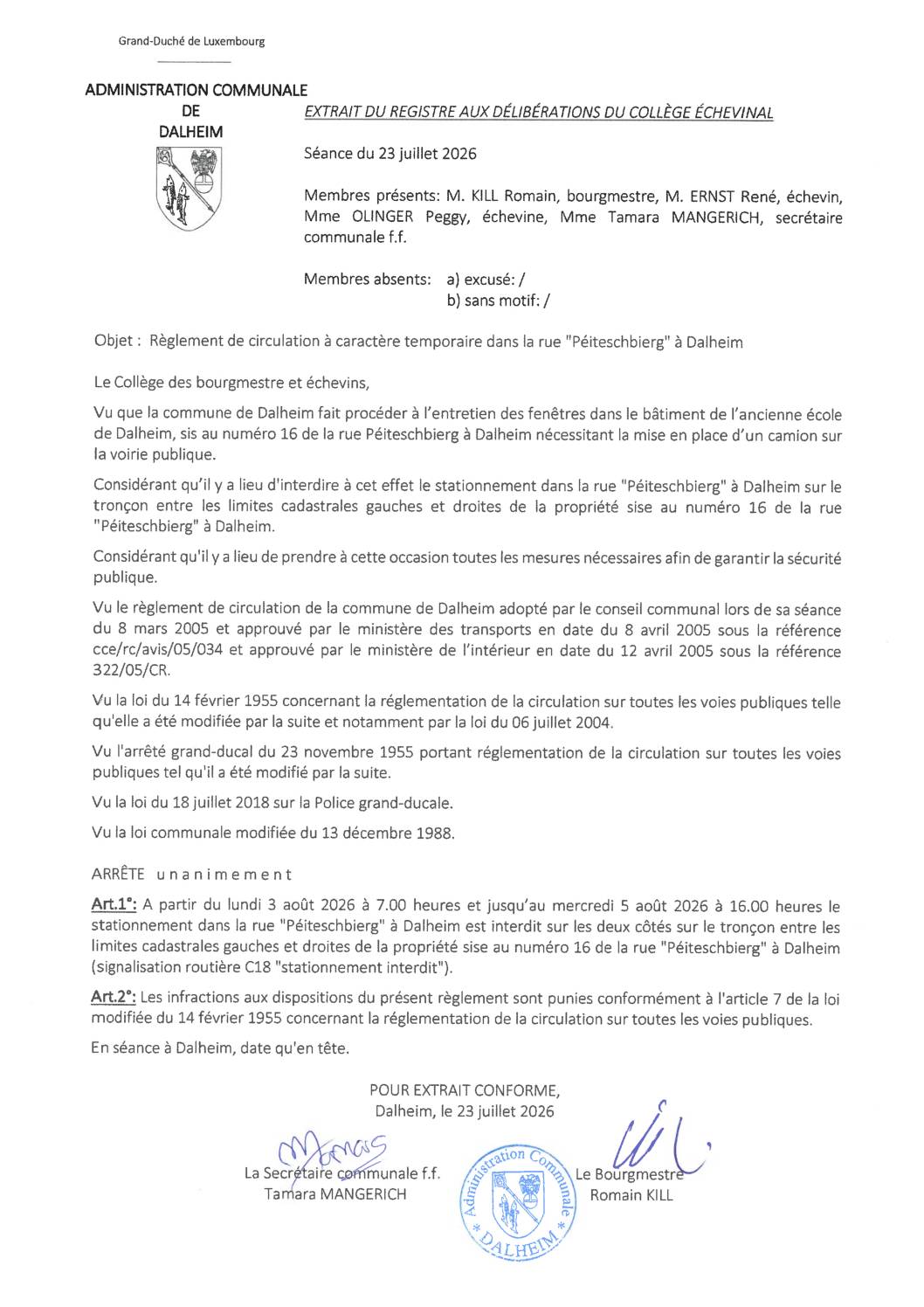 Dalheim; 16 Péiteschbierg règlement circulation stationnement 20260723