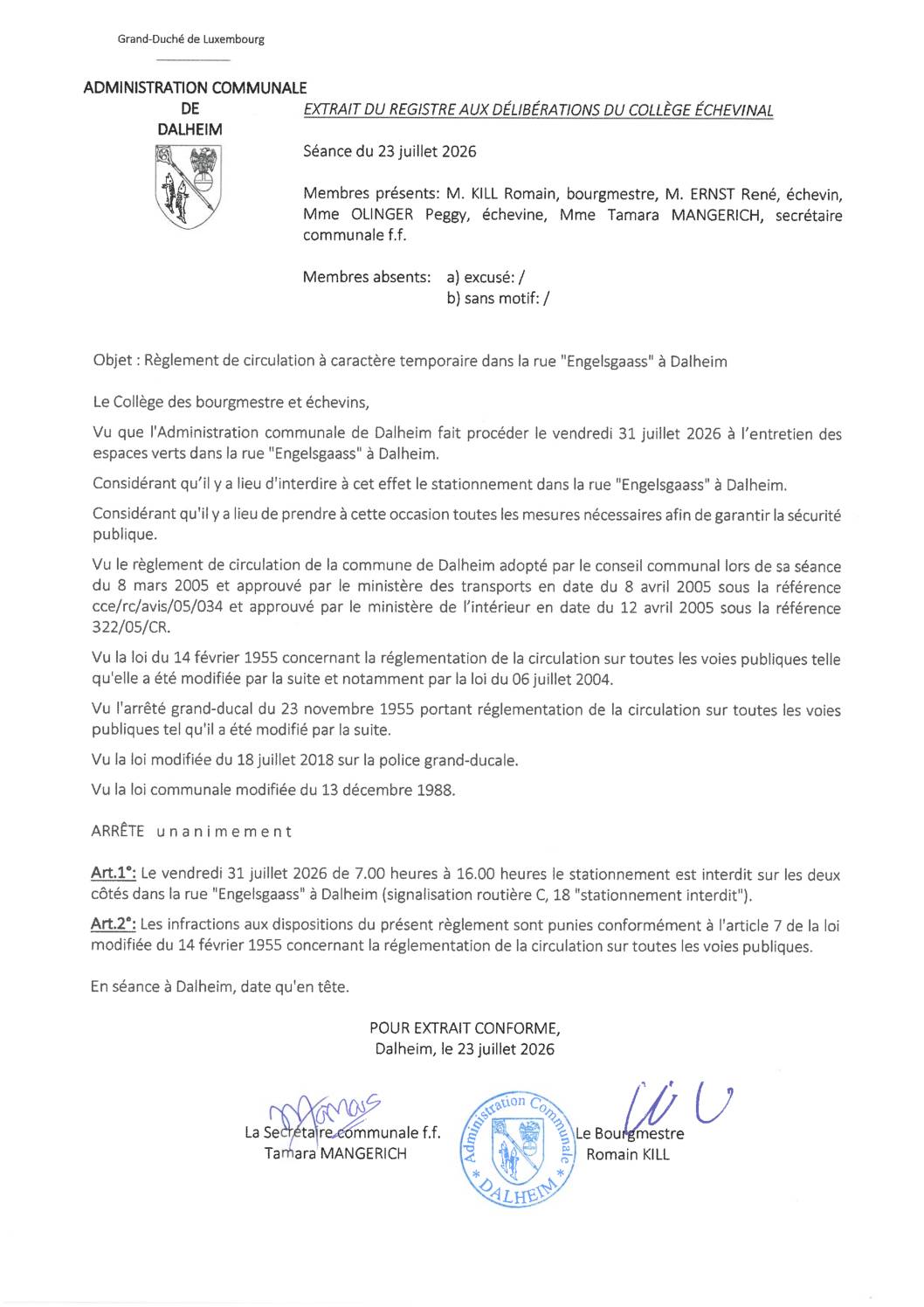 Dalheim; Engelsgaass règlement circulation stationnement 20260723