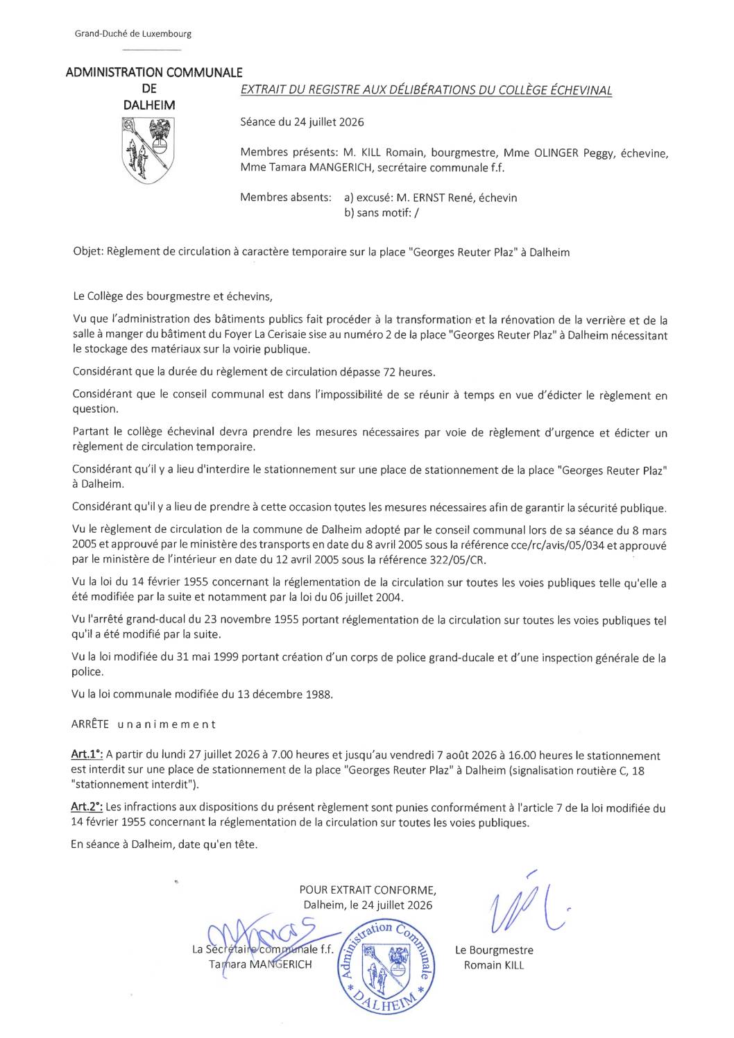 Dalheim; Georges Reute Plaz règlement circulation stationnement 20260724