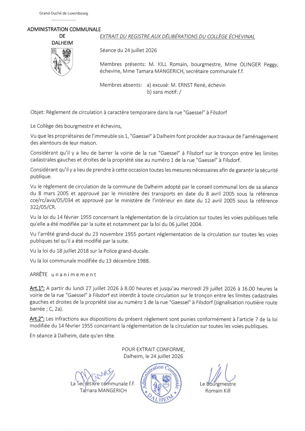 Filsdorf; 1 Gaessel règlement circulation route barrée 20260724