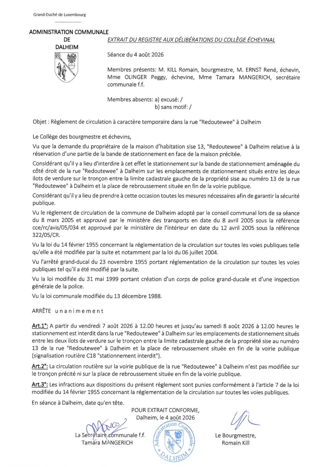 Dalheim 13 Redoutewee règlement circulation stationnement 20260804