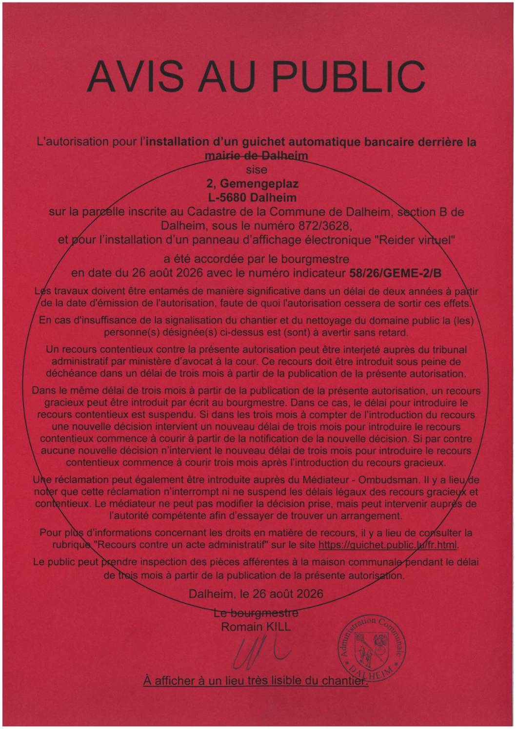 Avis autorisation installation guichet bancaire et reider virtuel Dalheim 2 Gemengeplaz