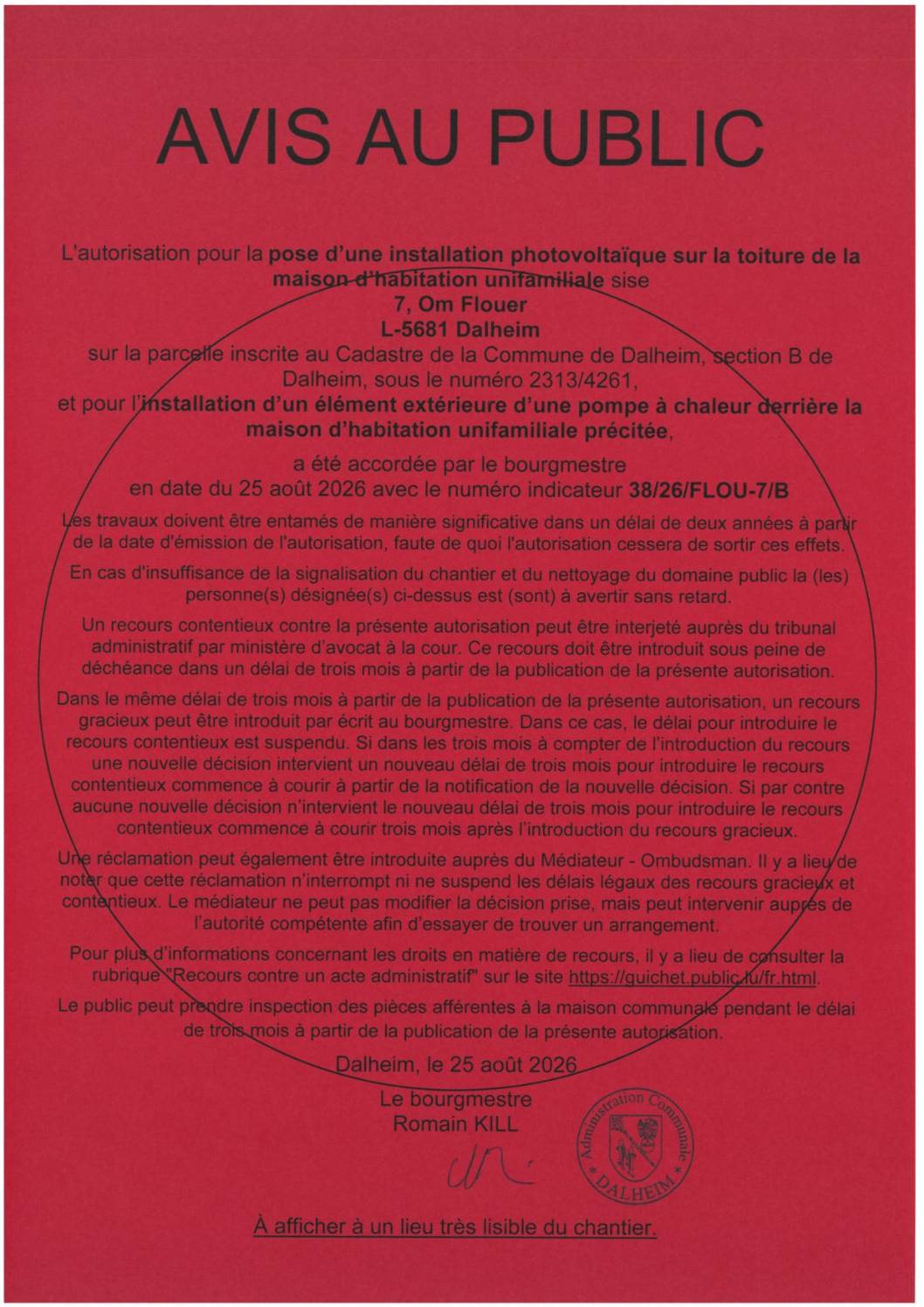 Avis autorisation installation photovoltaique et lément extérieur pompe à chaleur Dalheim 7 Om Flouer