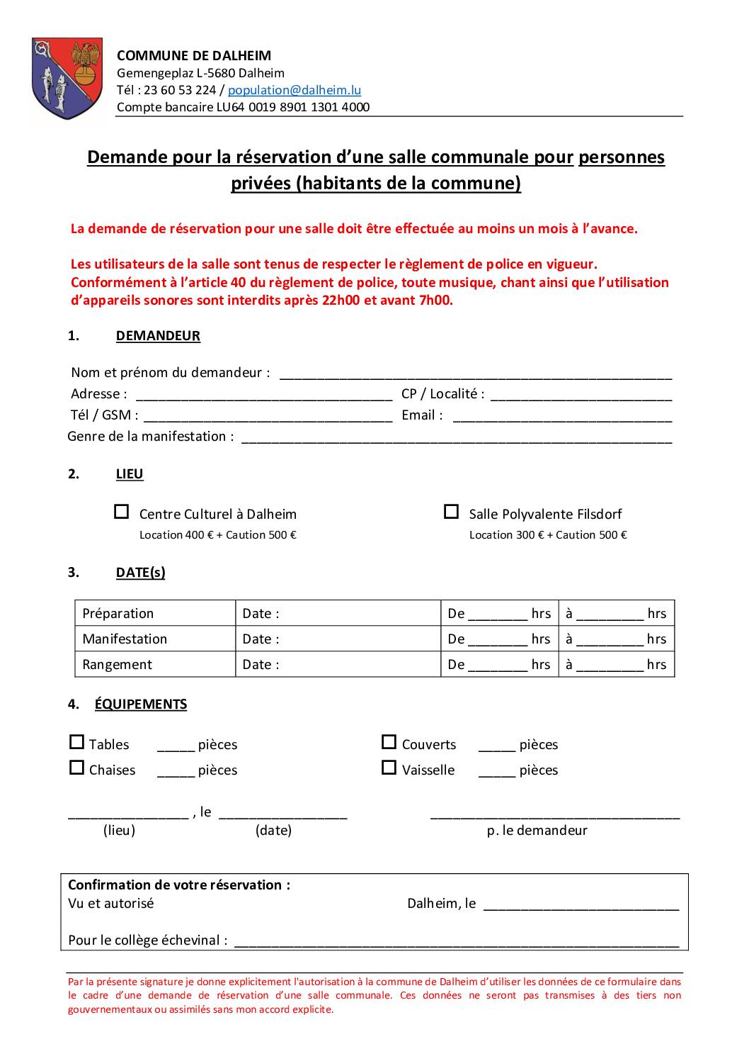 Formulaire – Réservation d&rsquo;une salle communale pour personnes privées (habitants dans la commune)