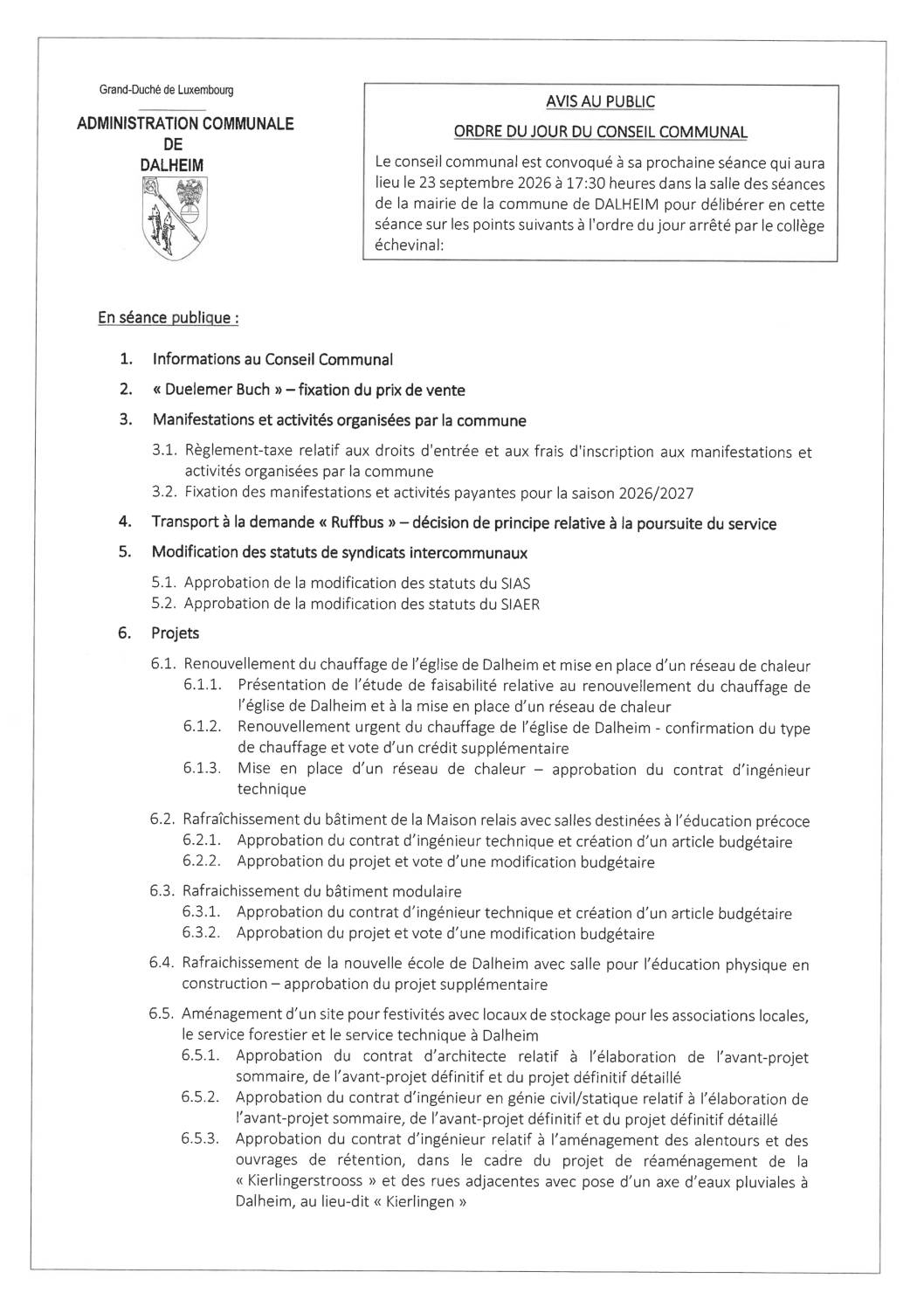 LE CONSEIL COMMUNAL DU 18/09/2026 EST ANNULÉ – Ordre du jour séance du conseil communal du 23.09.2026