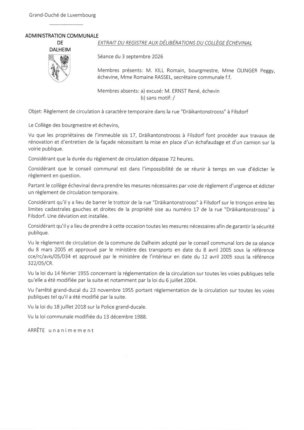 Filsdorf; 17 Dräikantonstrooss règlement circulation Gehwegsperrung 20260903