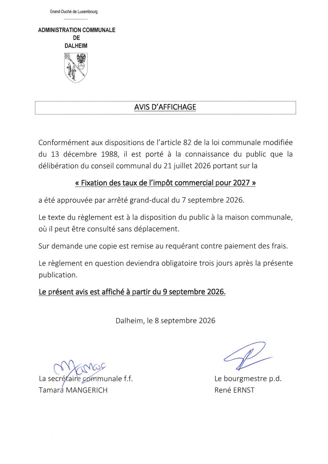 Avis d'affichage Fixation des taux de l’impôt commercial pour 2027 20260908