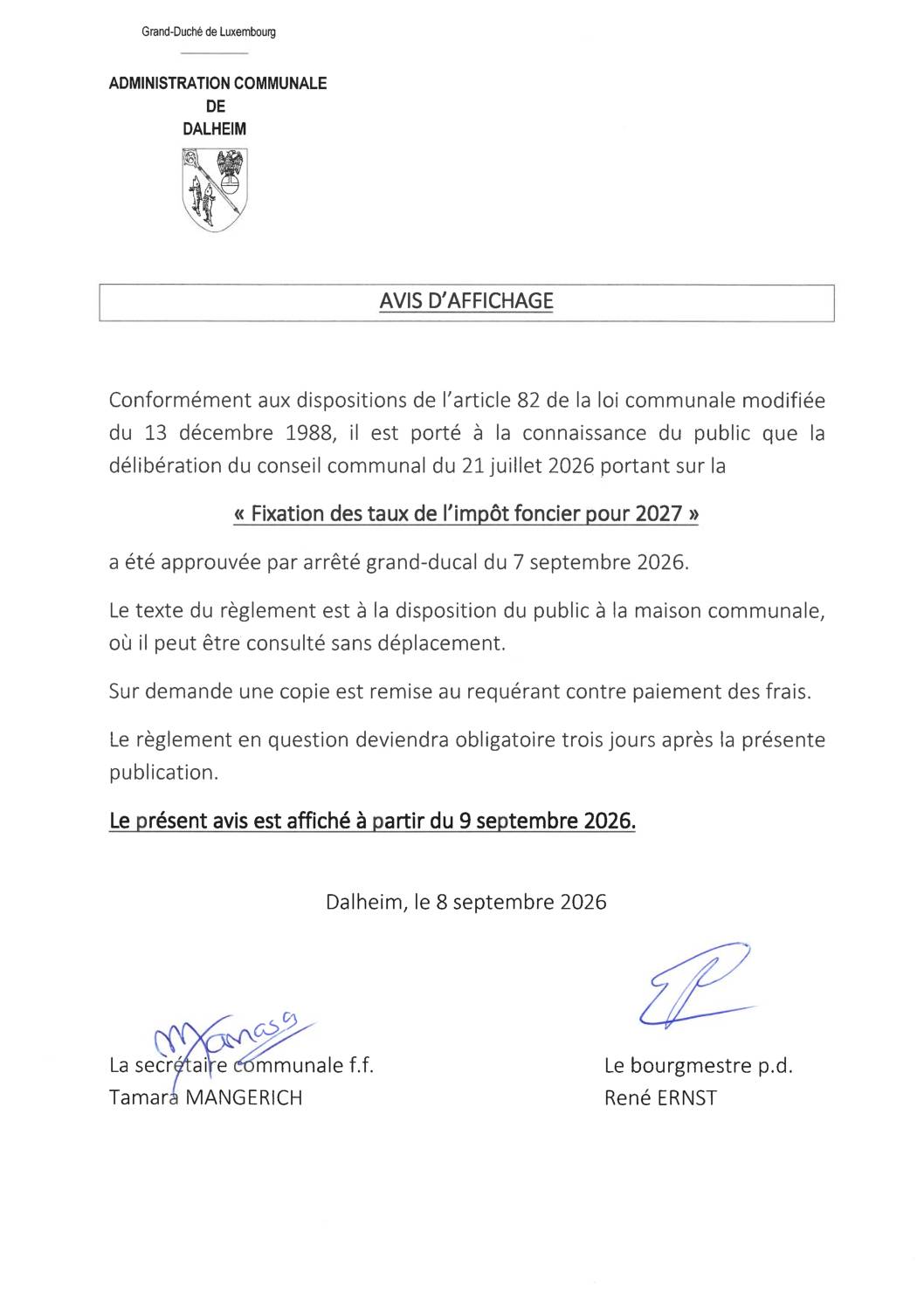 Avis d'affichage Fixation des taux de l’impôt foncier pour 2027 20260908