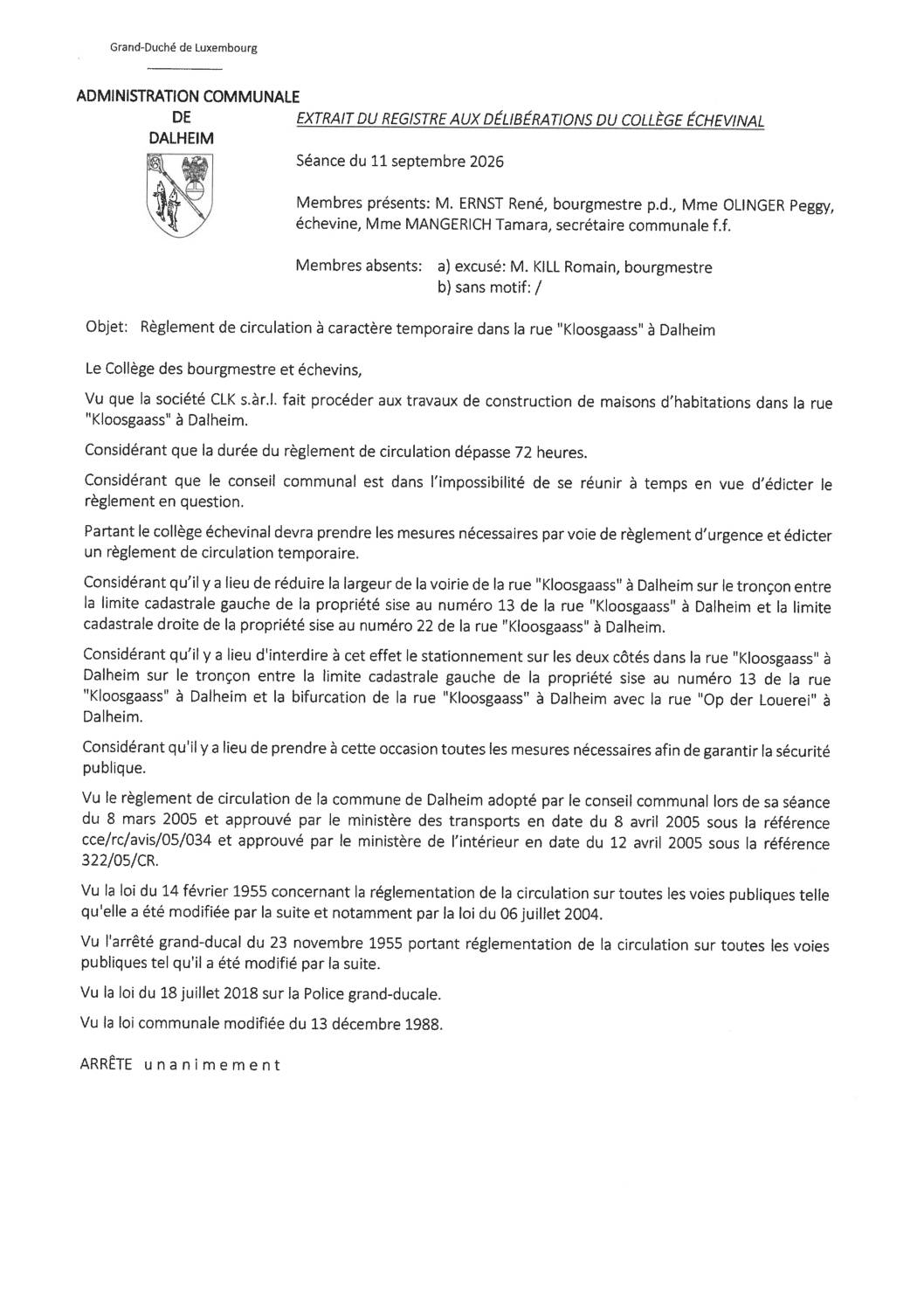 Dalheim; Kloosgaass règlement circulation Fahrbahnverengung 20260911