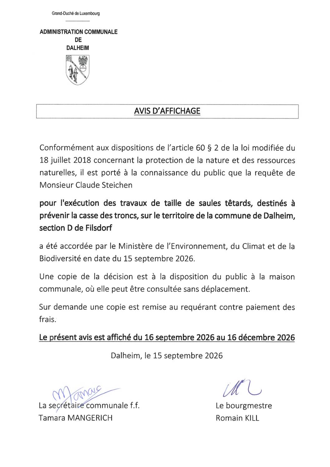 Avis d'affichage taille de saules têtards 2026-001213 20260915