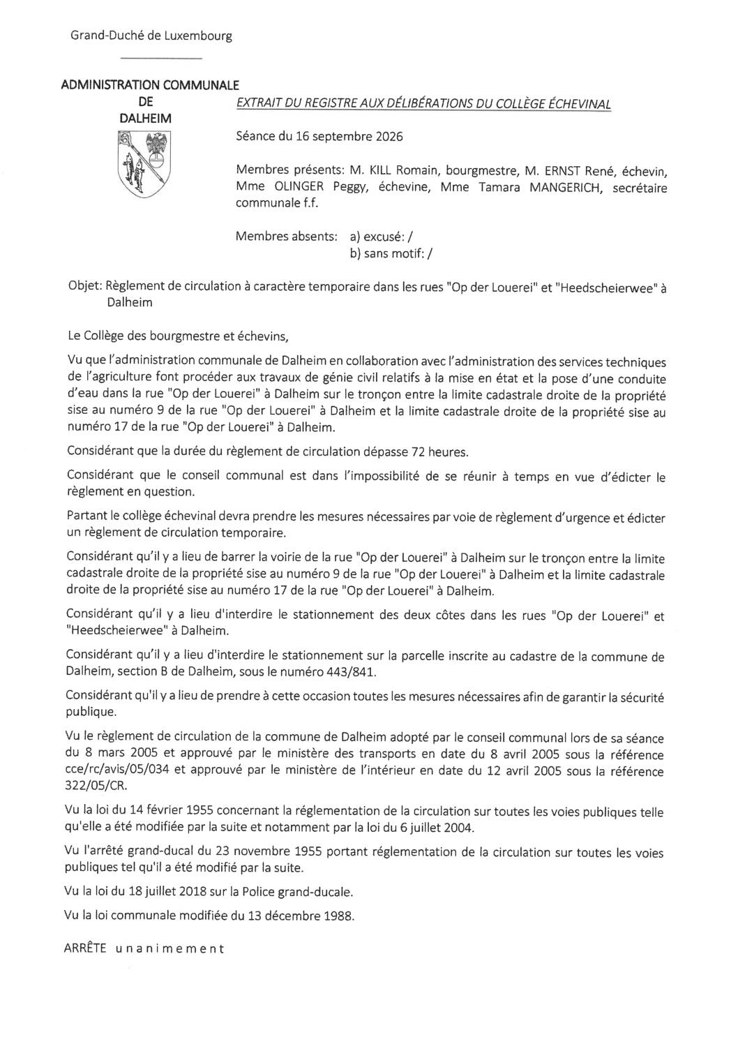 Dalheim; Op der Louerei règlement circulation route barrée 20260916