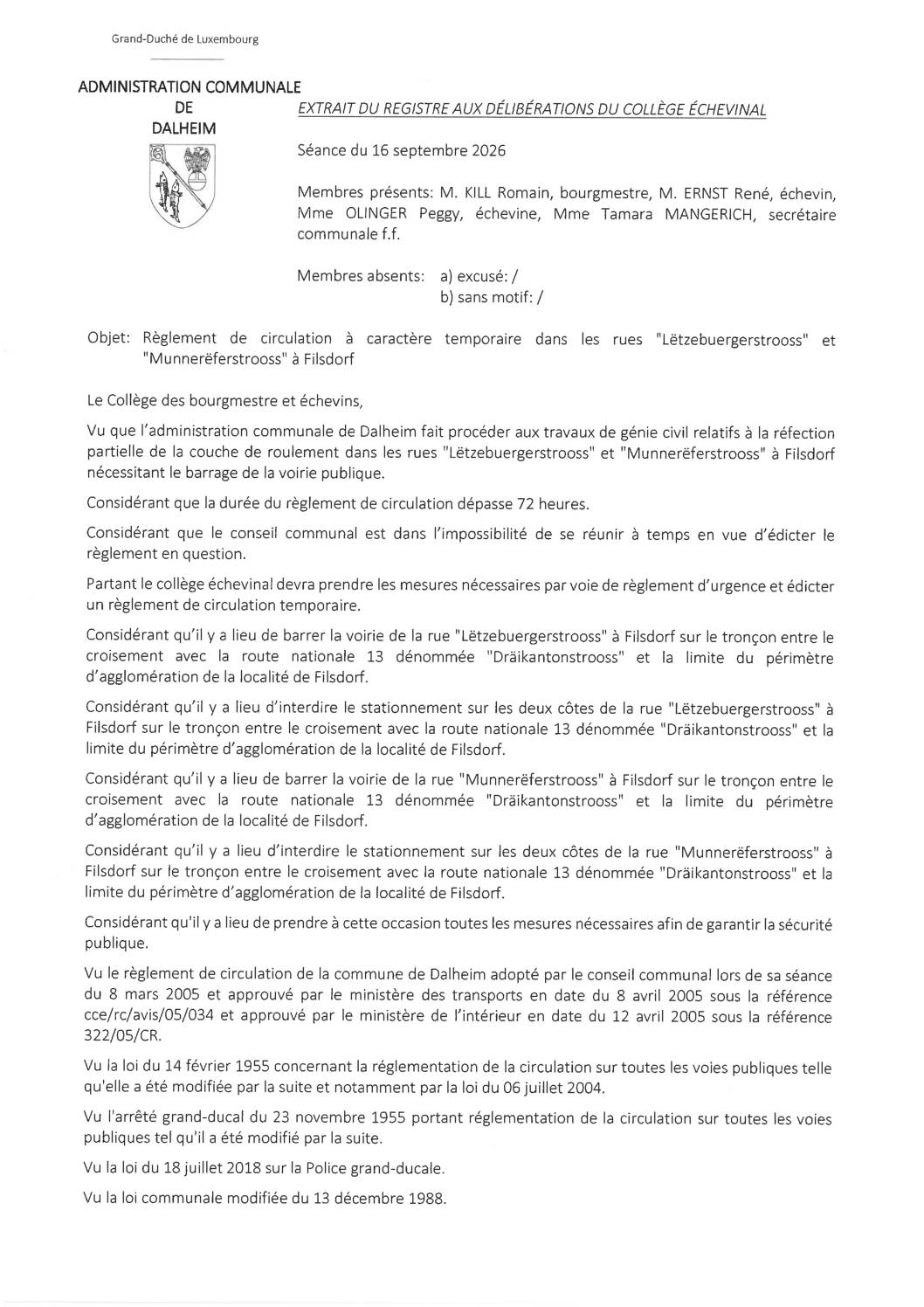 Filsdorf; Lëtzebuergerstrooss et Munnerëferstrooss règlement circulation route barrée-urgent 20260916
