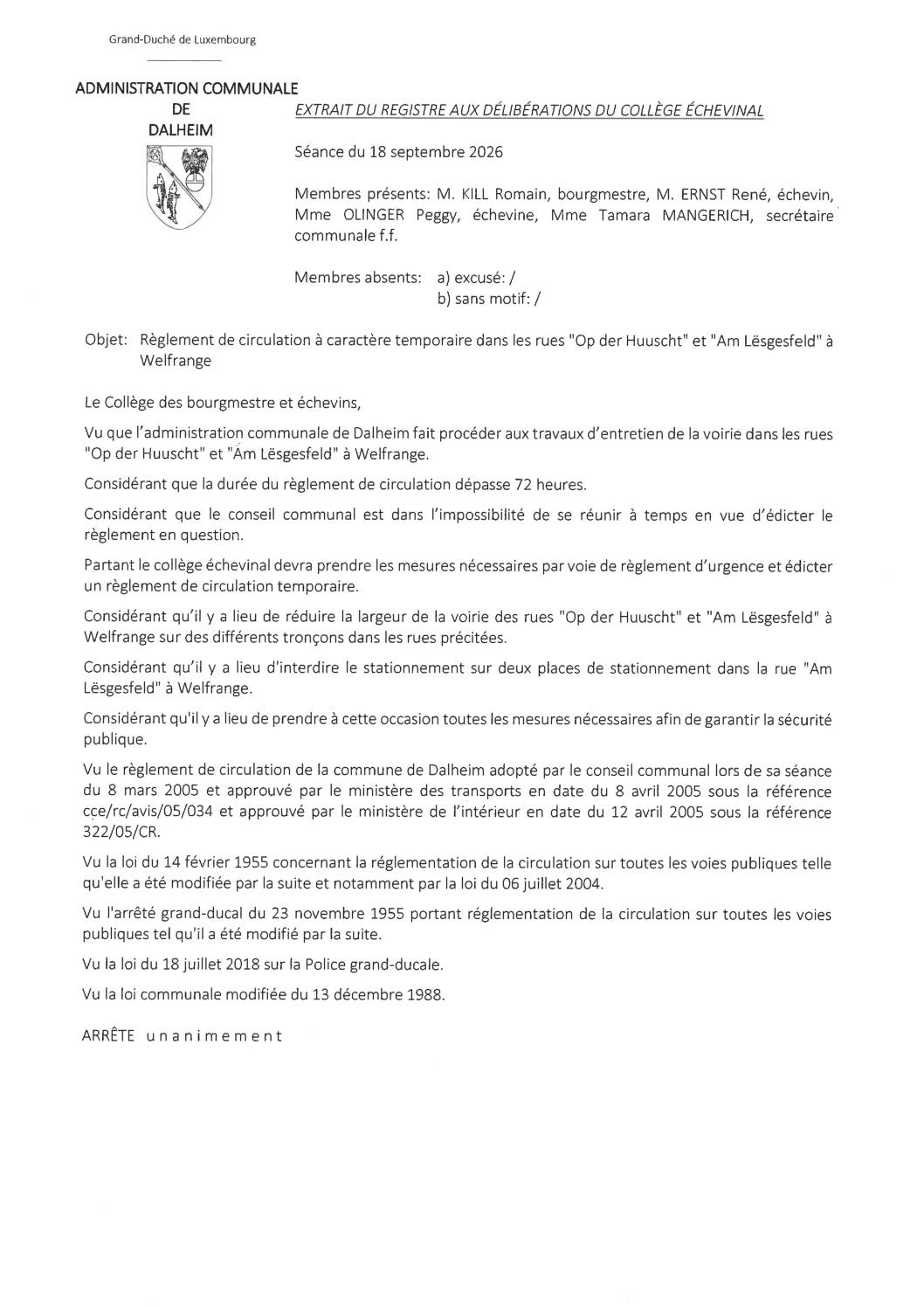 Welfrange; PAP Pëtzstecker règlement circulation Fahrbahnverengung ex 20260918
