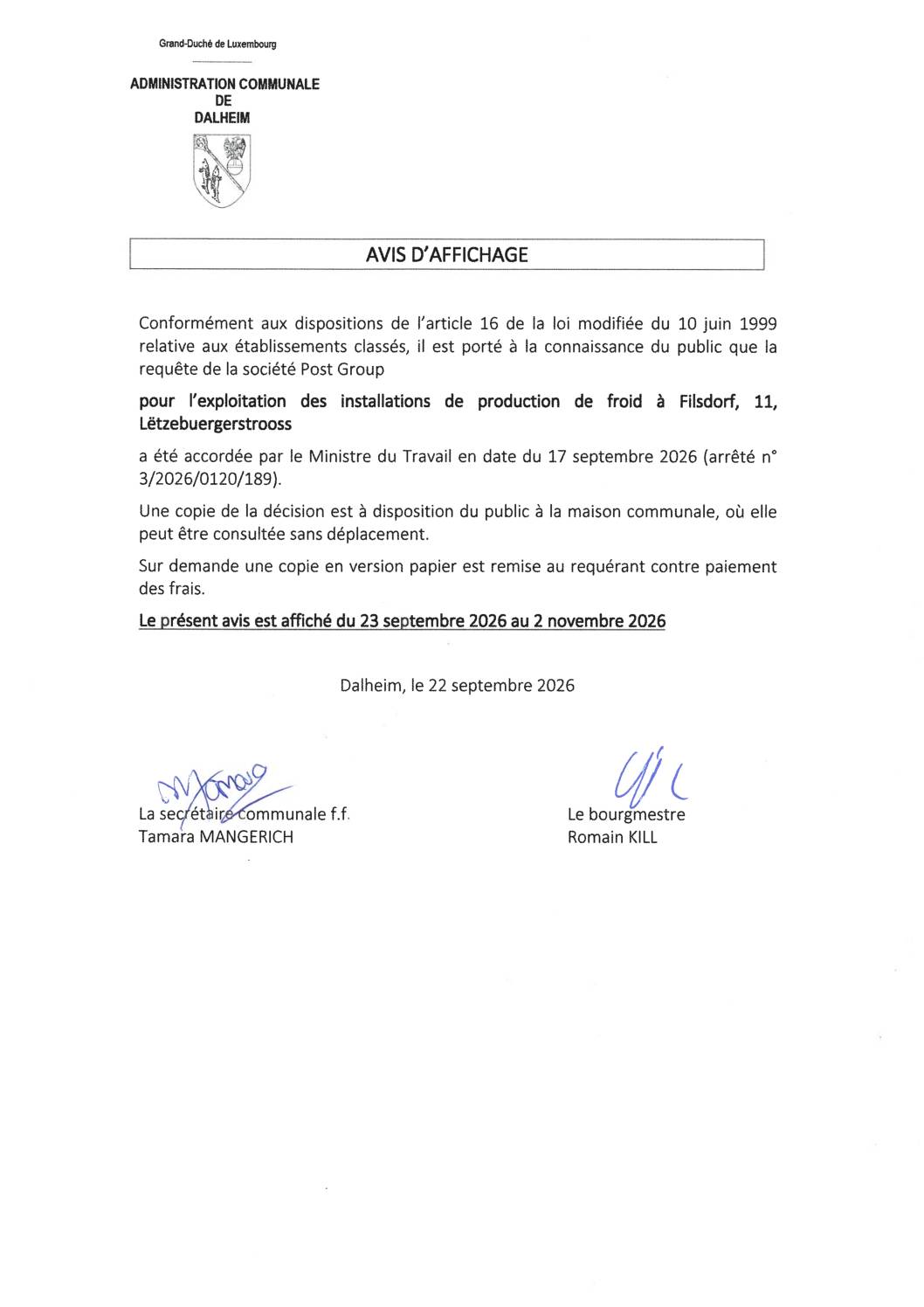 Avis au public Art 16 Post Group exploitation installations de production de froid 20260922