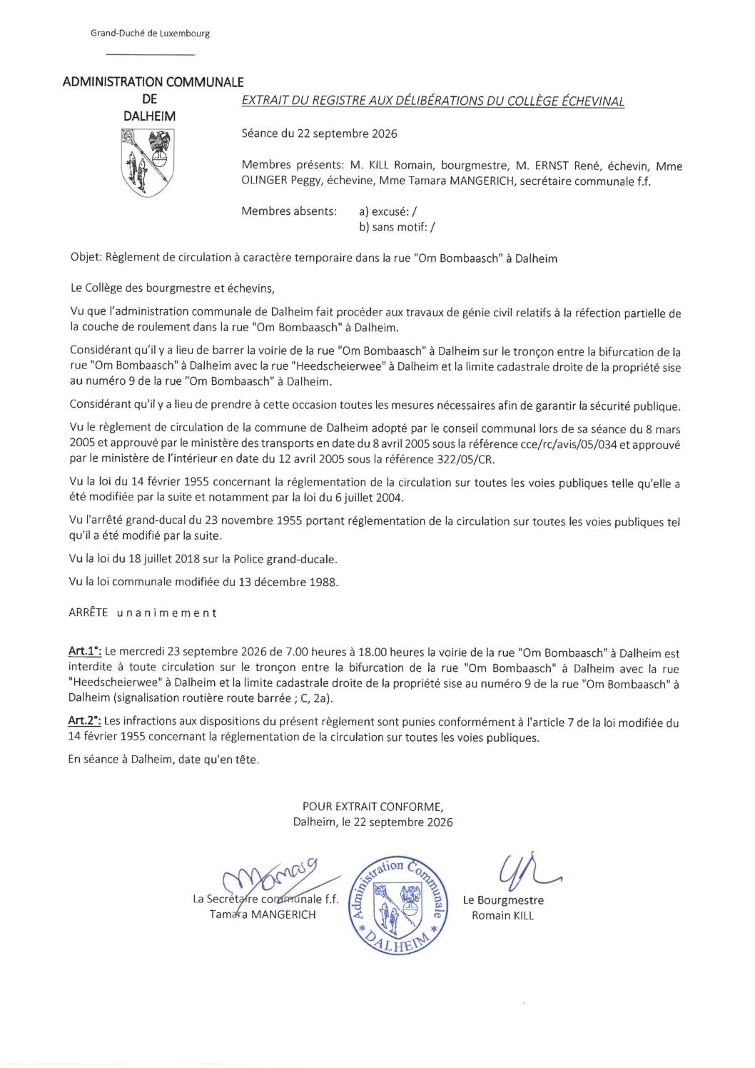 Dalheim; Om Bombaasch règlement circulation route barrée 20260922