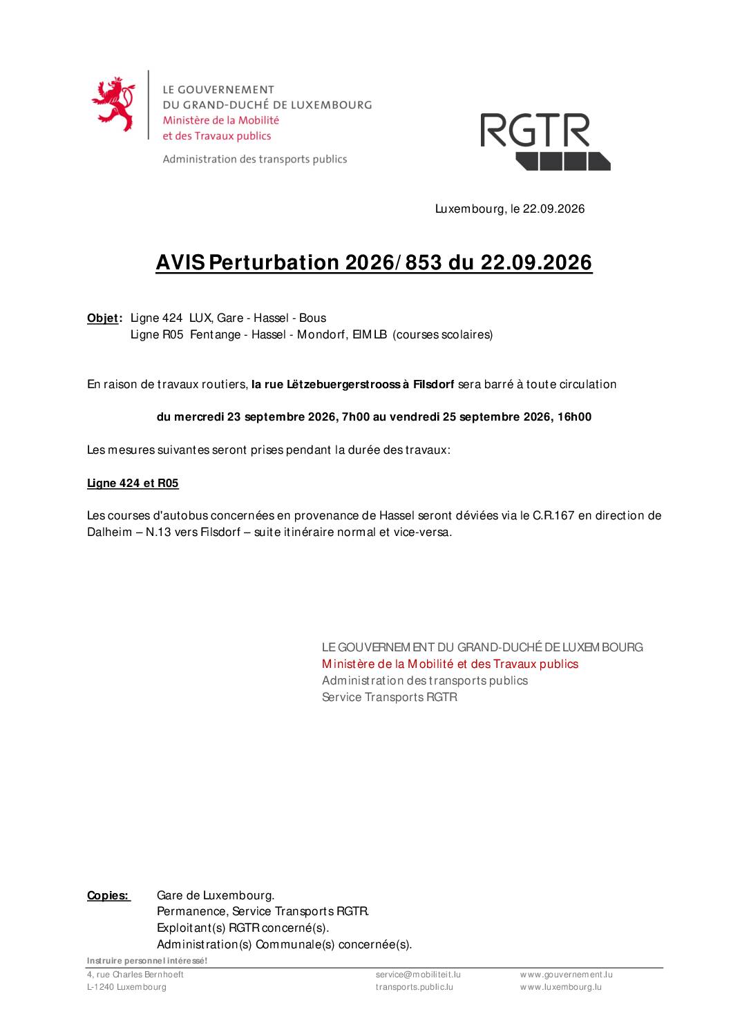 AVIS Perturbation 2026/853 du 22.09.2026