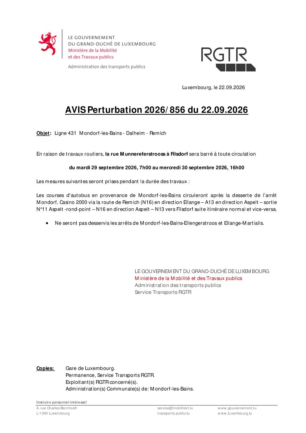 AVIS Perturbation 2026/856 du 22.09.2026