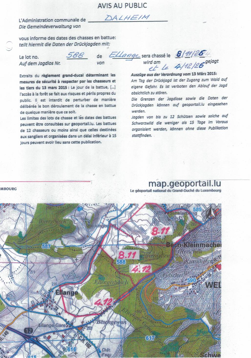 Avis au public – LOT 588 / BATTUES du 8.11.2026 et du 4.12.2026