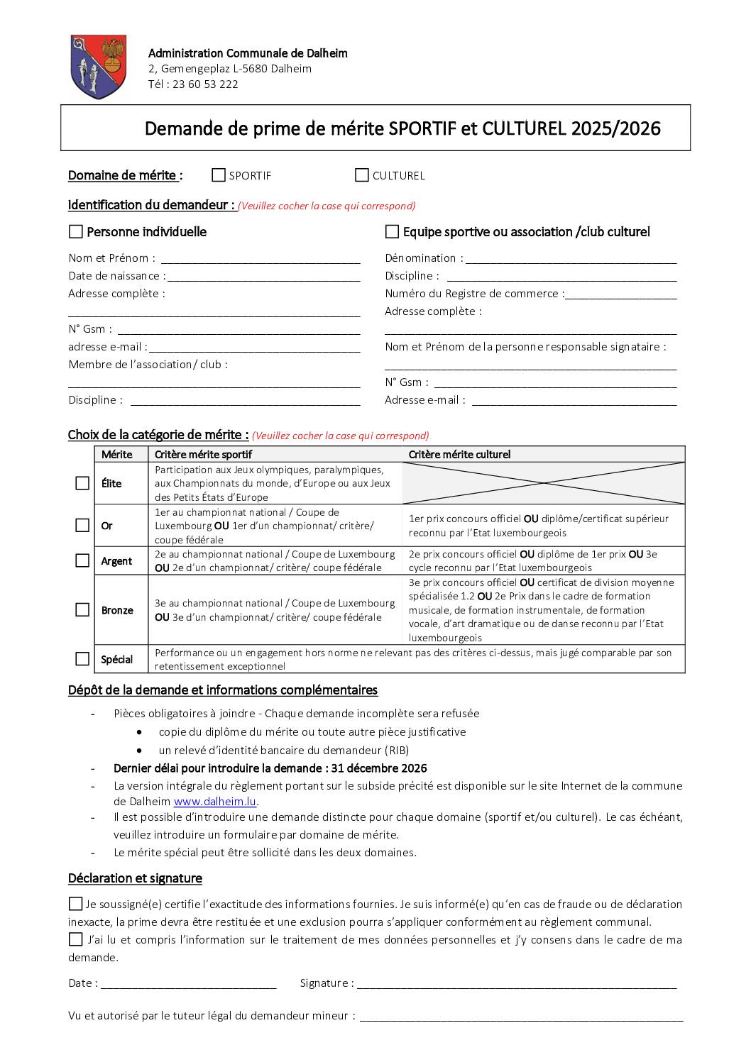 Formulaire Demande Mérite Sportif Culturel 2025 2026