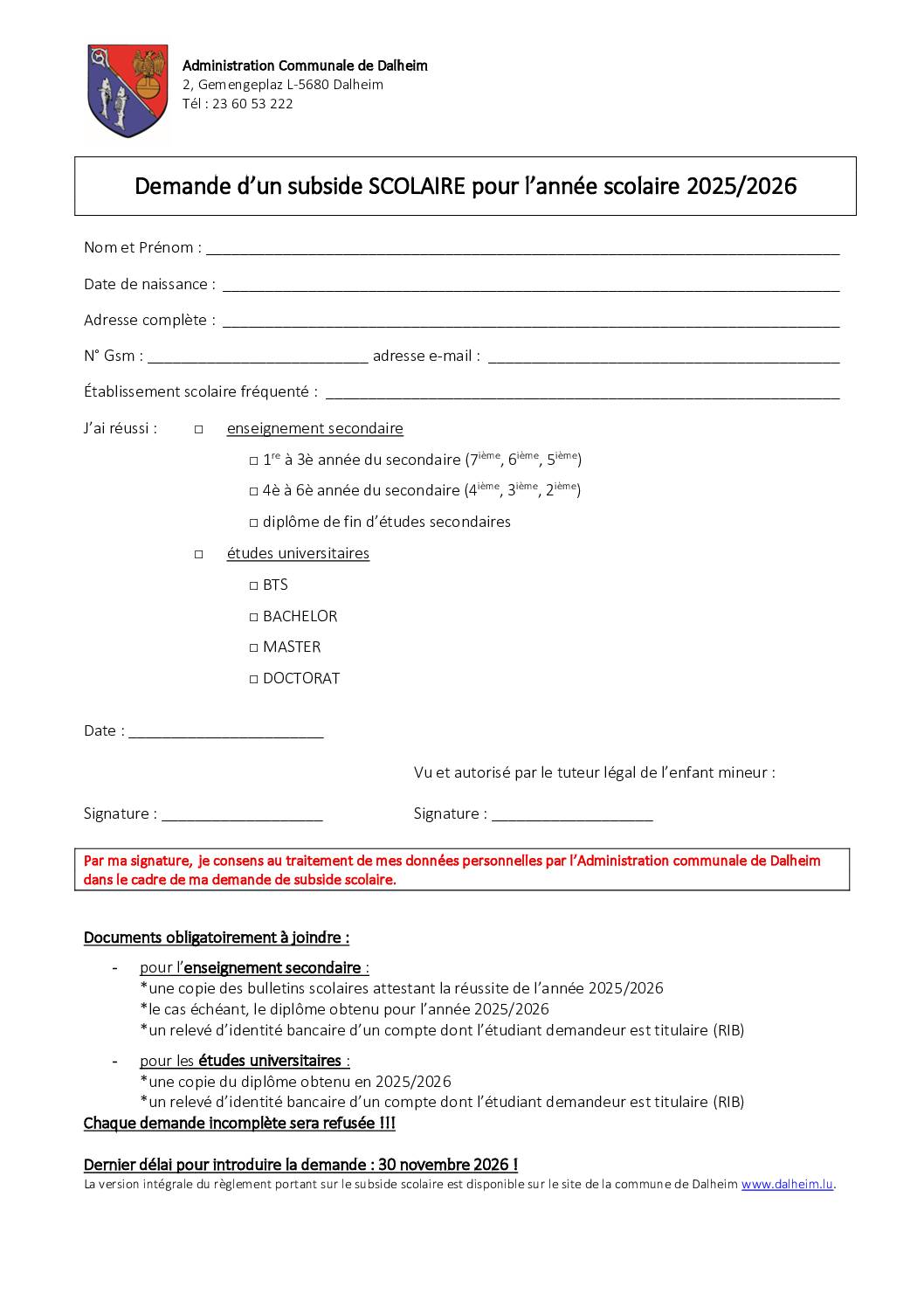 Formulaire Demande Subside scolaire 2025 2026