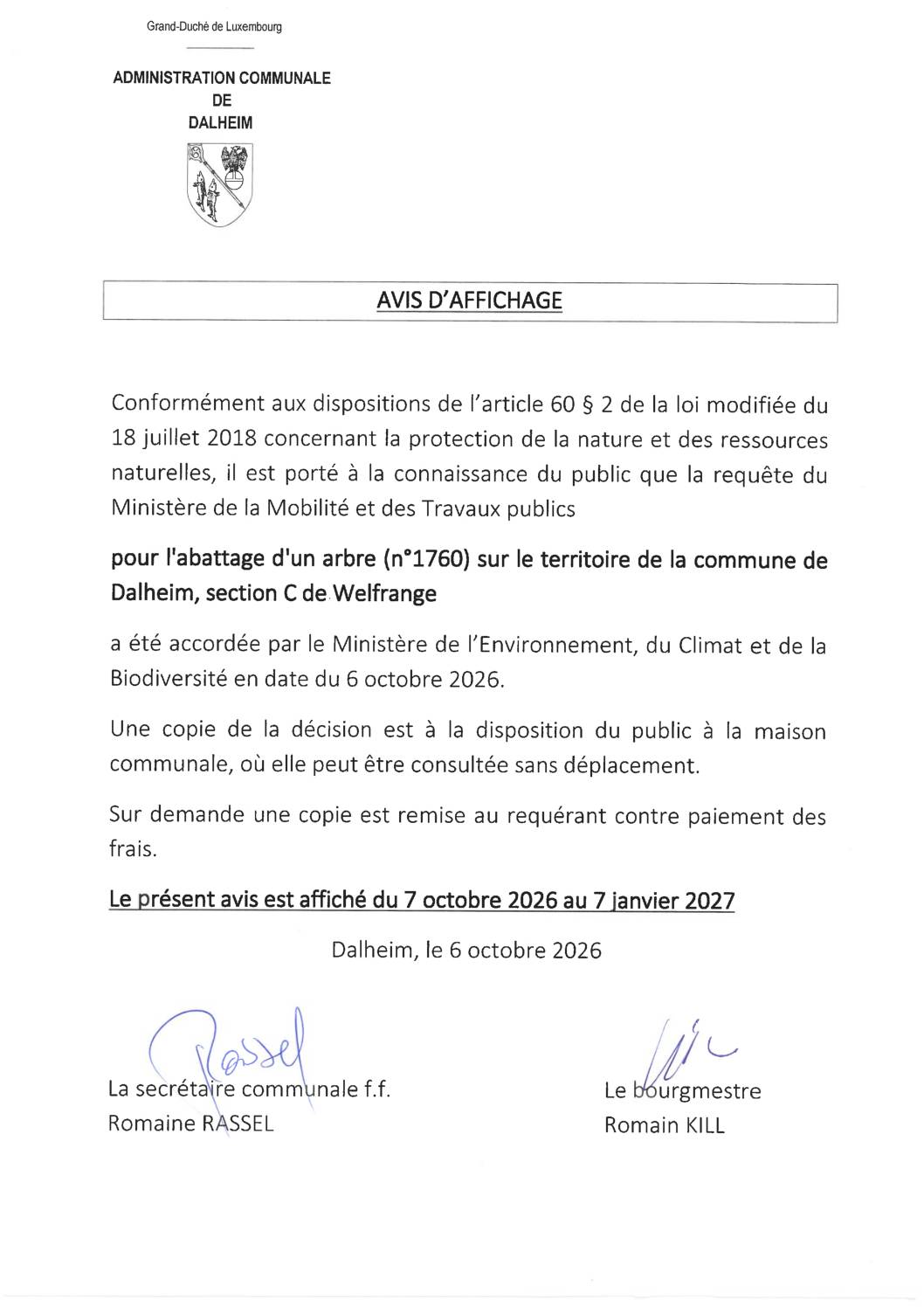Avis d&rsquo;affichage abattage 1 arbre 2026-001955