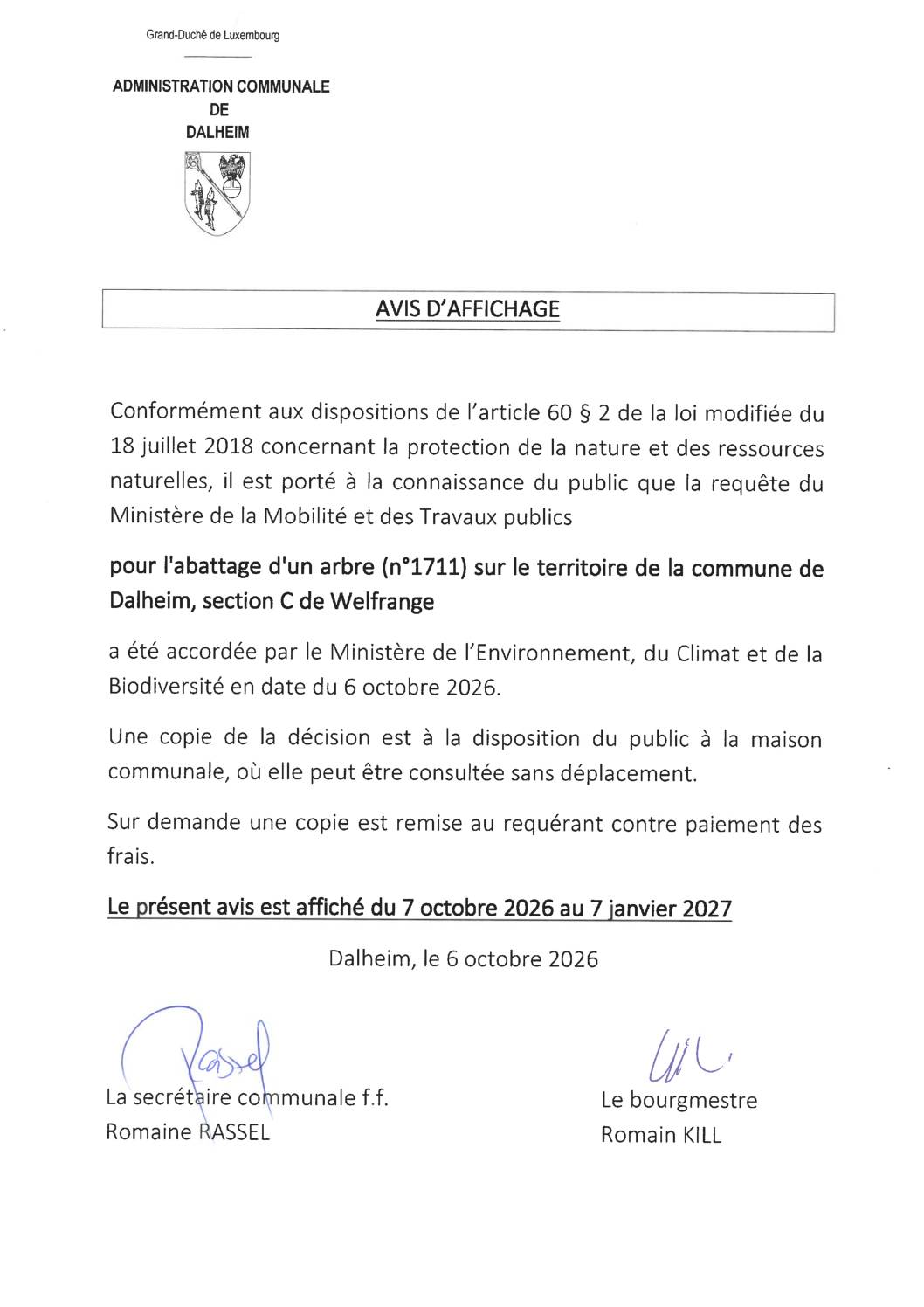 Avis d&rsquo;affichage abattage 1 arbre 2026-001958