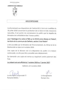 Avis d'affichage abattage 1 arbre 2026-001973