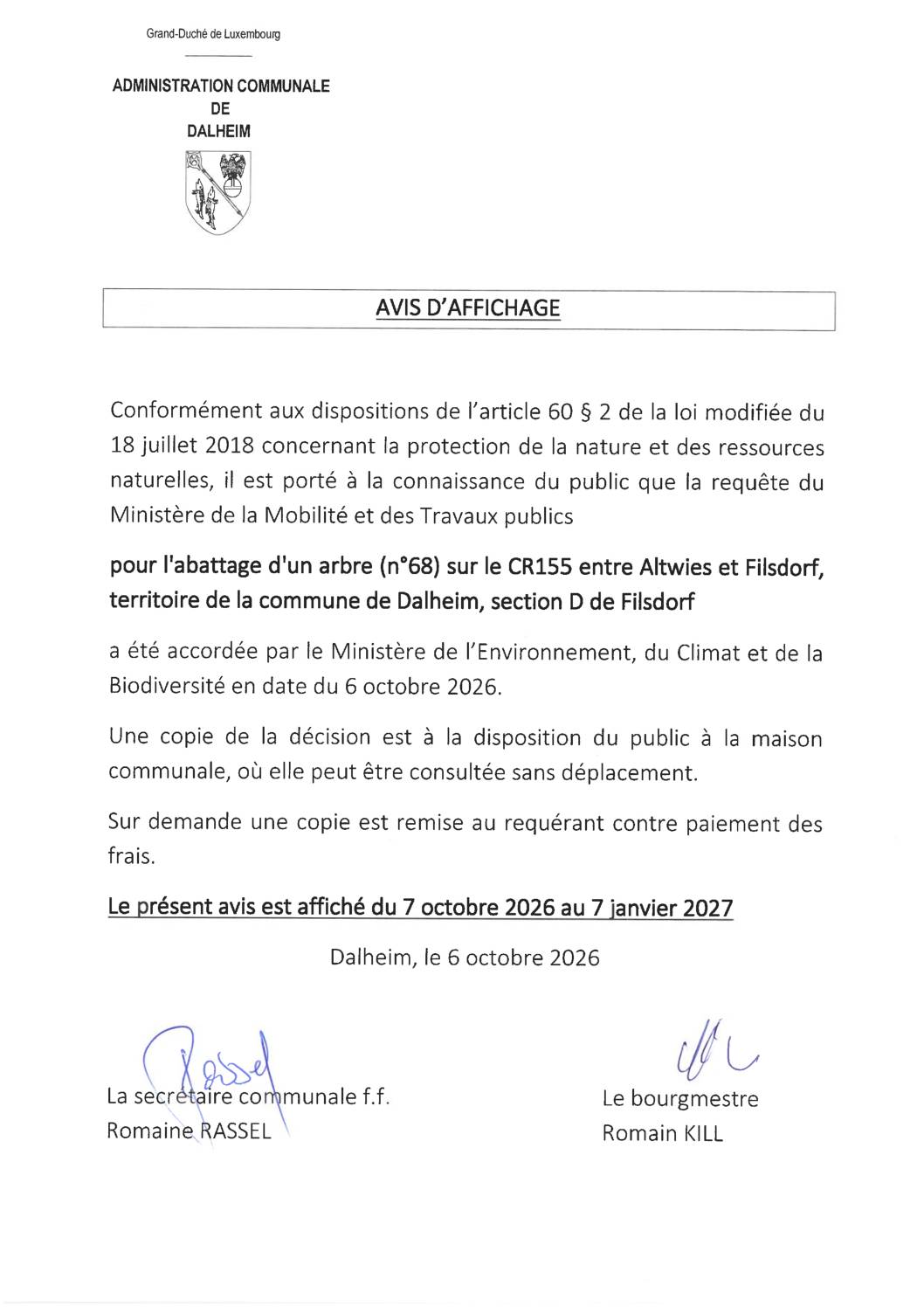 Avis d&rsquo;affichage abattage 1 arbre 2026-001973