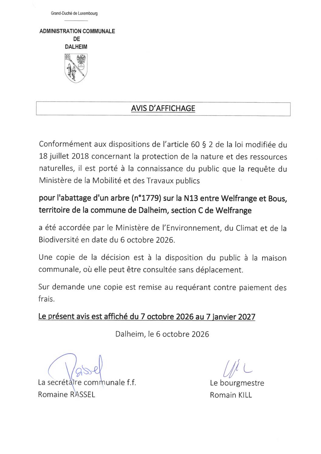 Avis d&rsquo;affichage abattage 1 arbre 2026-001974