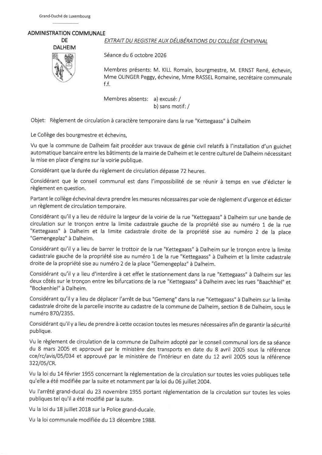 Dalheim; Kettegaass règlement circulation stationnement