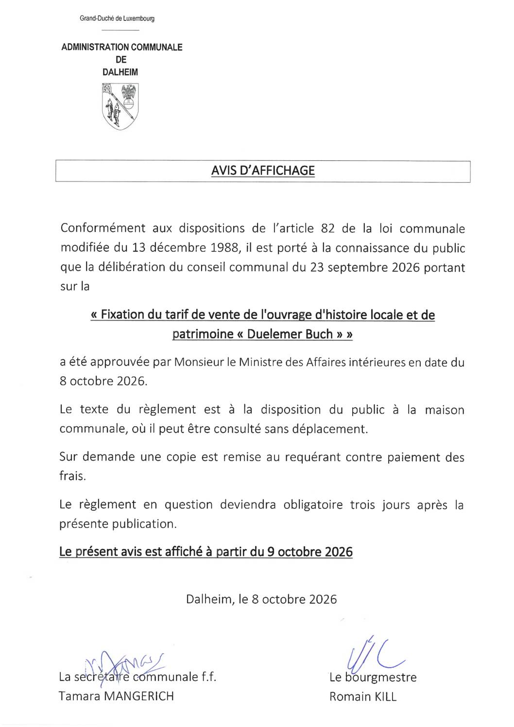Avis d&rsquo;affichage – fixation du tarif de vente de l&rsquo;ouvrage d&rsquo;histoire locale et de patrimoine « Duelemer Buch »